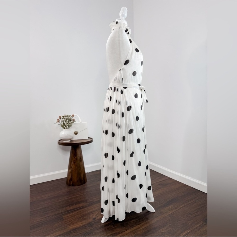 Halpern Polka-Dot Plisse Belted Halter Midi Dress - Picture 5 of 9